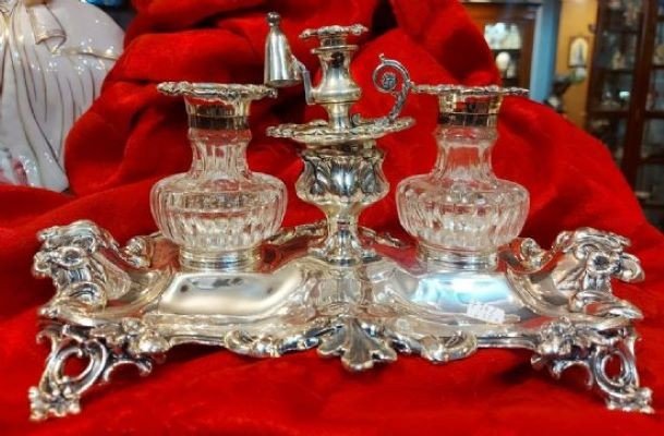 Beautiful Victorian Inkwell In Silvered Alloy With Crystal Bottles And Candle Holder